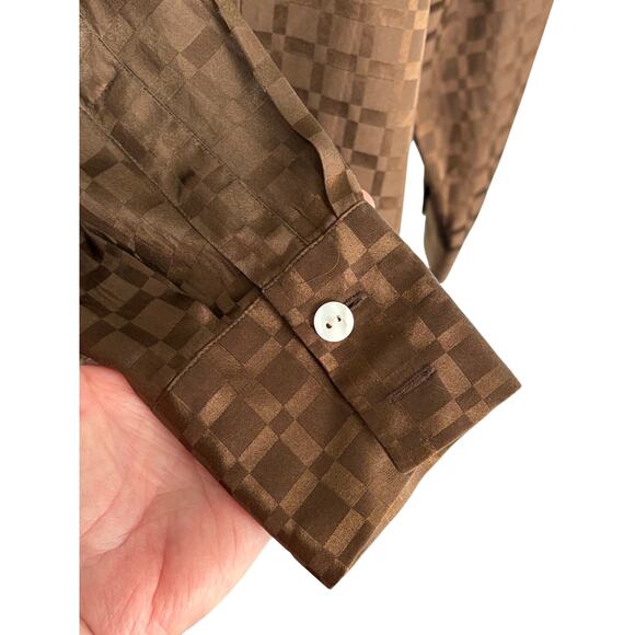 Riva Ladies Vintage Silk Brown Top Blouse Button-up Long Sleeve Career Office - Picture 3 of 6